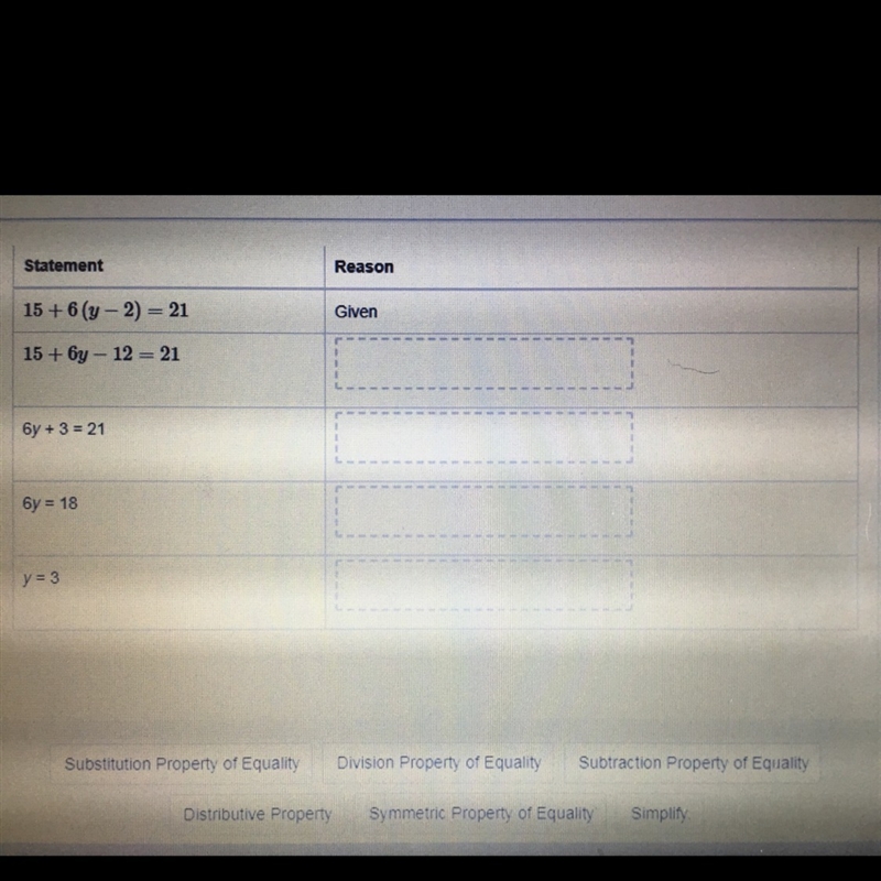 Given: 15+6(y-2)=21 Prove: y=3-example-1