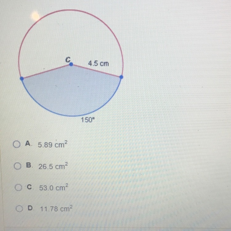 What is the approximate area of the shaded sector in the circle below-example-1