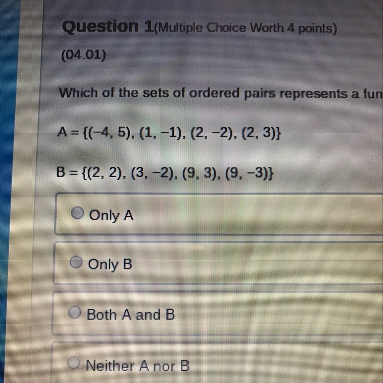 Which of the sets of ordered pairs represents a function.-example-1