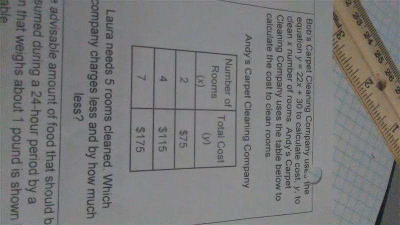 Bob's carpet cleaning company uses the equation y=22x+30 to calculate cost, y, to-example-1