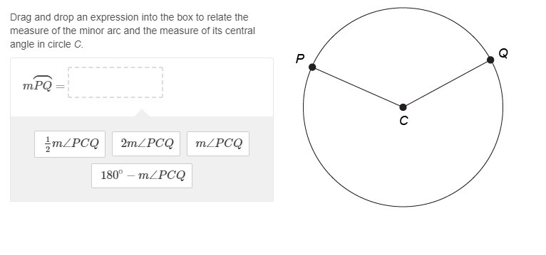 Drag and drop an expression into the box to relate the measure of the minor arc and-example-1