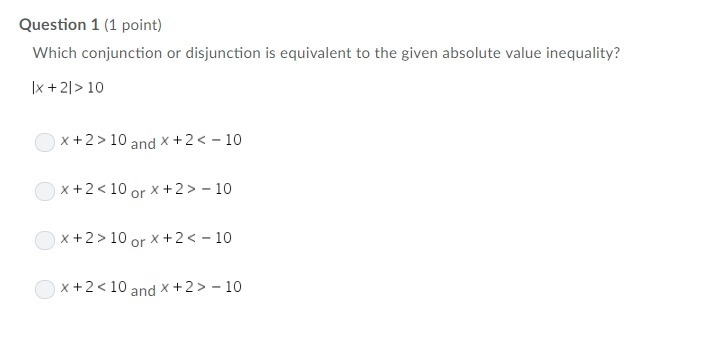 Which conjunction or disjunction is equivalent to the given absolute value inequality-example-1