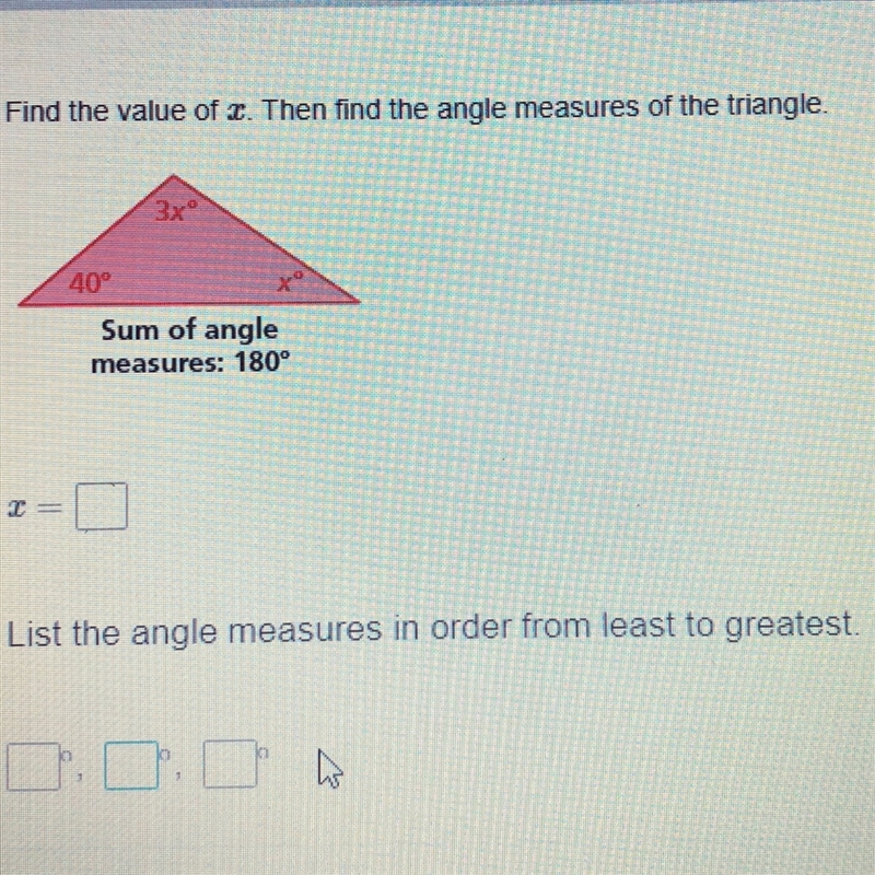 Find the value of x then find the angle measure of the triangle. List the angel measures-example-1