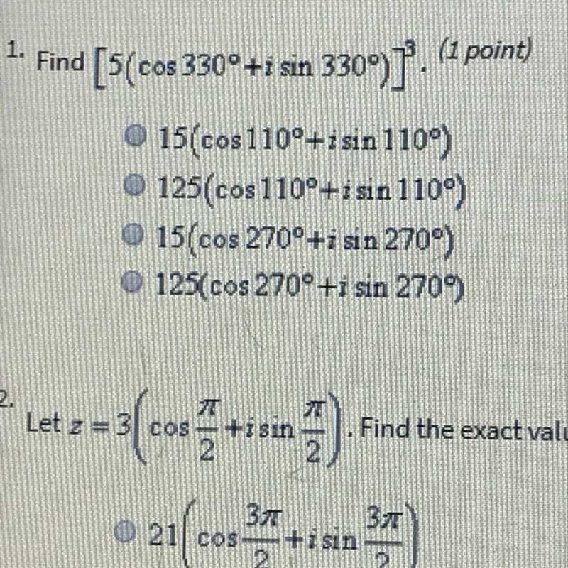 Find [5(cos 330 degrees + I sin 330 degrees)]^3-example-1