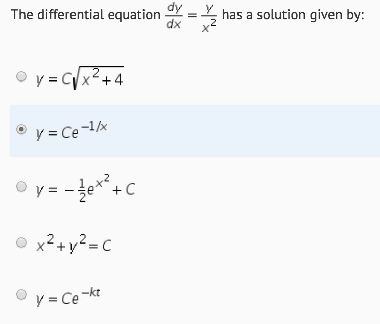 Dy/dx = y/x^2 dy/y = dx/x^2 ln y * ln c = -1/x cy = e^(-1/x) y = ce^(-1/x)-example-1