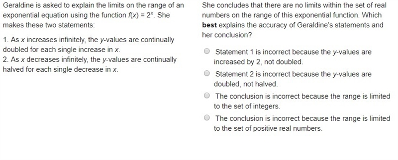 Geraldine is asked to explain the limits on the range of an exponential equation using-example-1