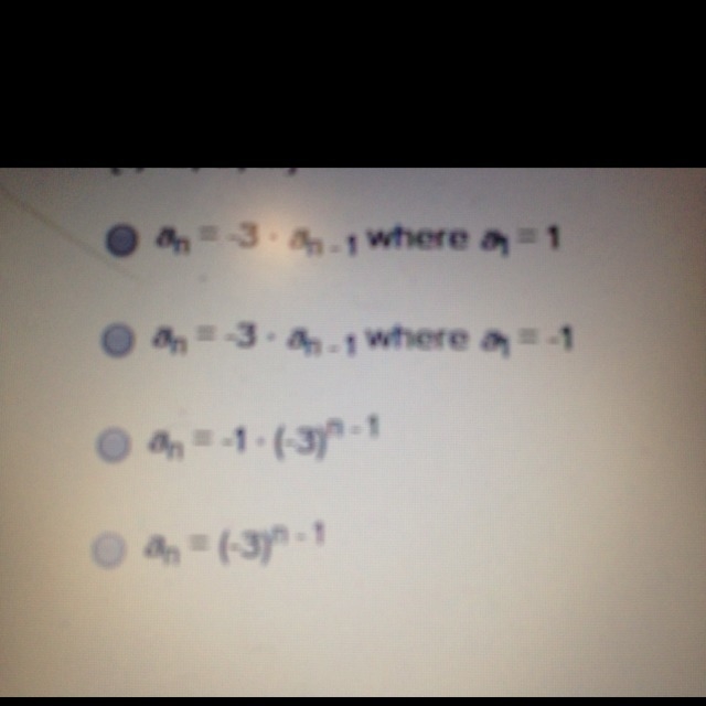 For the following geometric sequence find the explicit formula {1,-3,9,...}-example-1