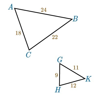 Which statement about the triangles below is true? Triangle BCA ~ Triangle HKG by-example-1