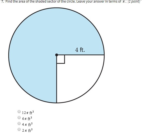 Find the area of the shaded sector of the circle. Leave your answer in terms of pi-example-1