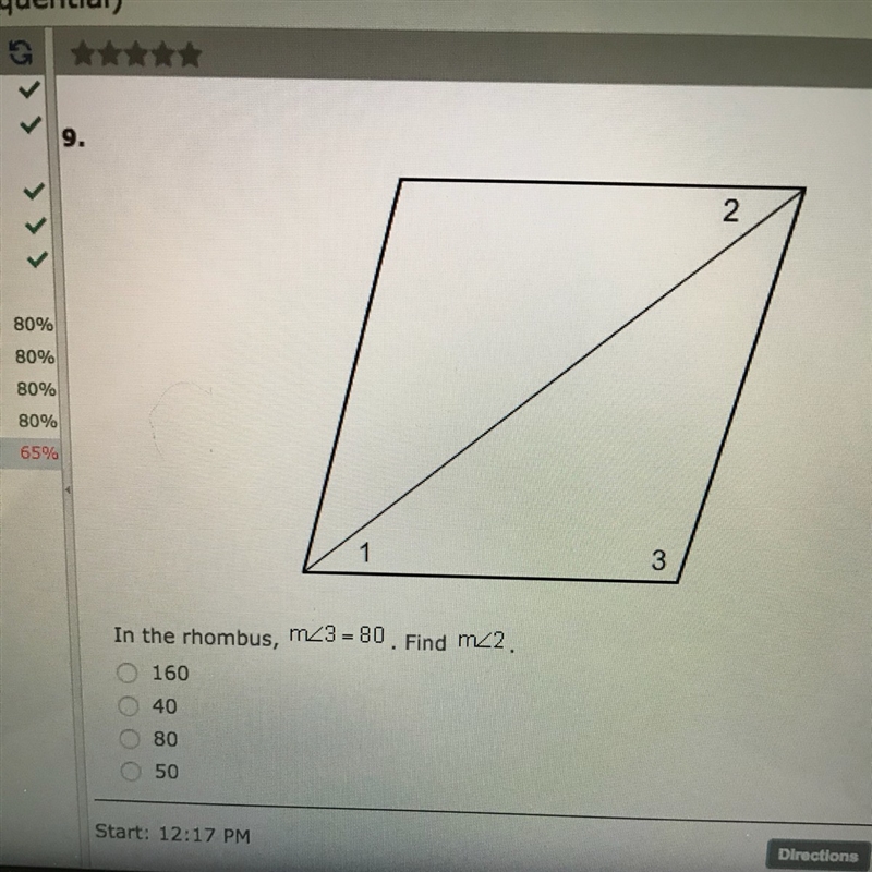 In the rhombus, m<3=80. Find m<2-example-1