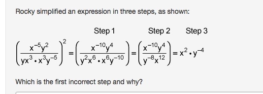 PLZ HELP! Rocky simplified an expression in three steps, as shown: Which is the first-example-1