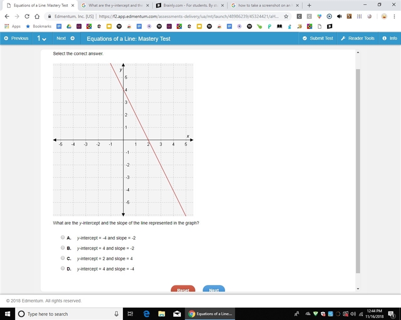 What are the y-intercept and the slope of the line represented in the graph? A. y-example-1