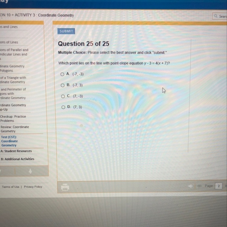 Which point lies on the line with point slope equation y-3=4(x+7)?-example-1