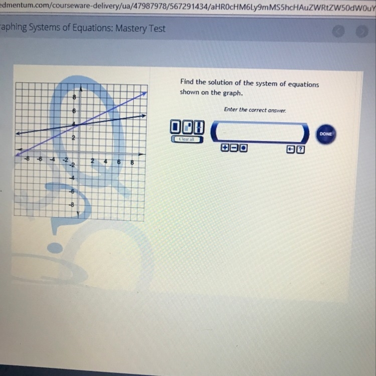 Find the solution of this system of equations shown on the graph-example-1