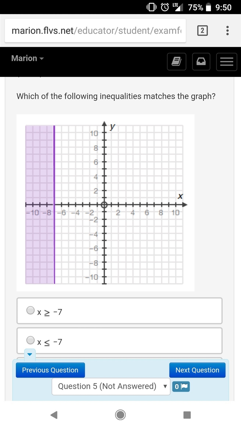 Which of the following inequalities matches the graph? x ￼ −7 x ￼ −7 y ￼ −7 y ￼ −7-example-1