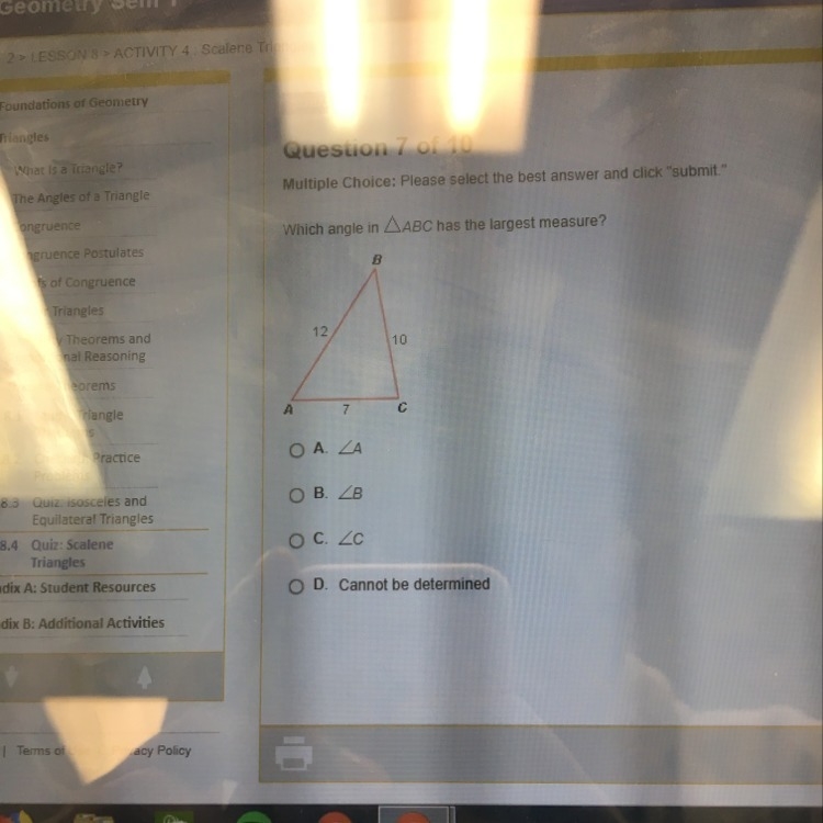 Which angle in ABC has the largest measure-example-1