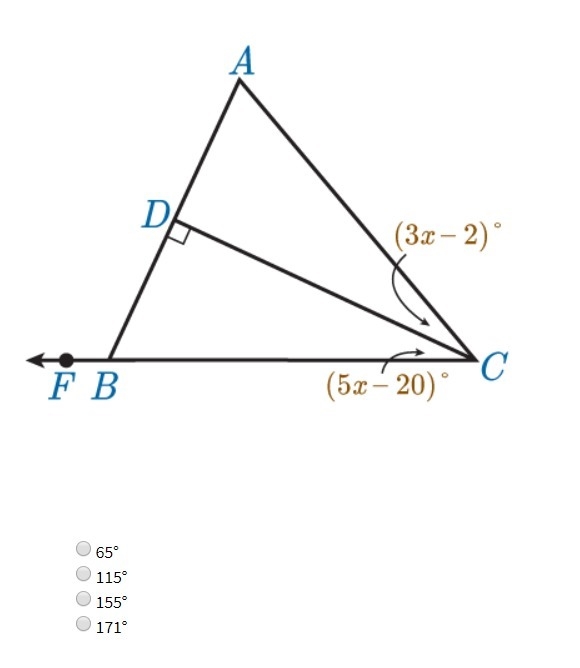 Help ASAP In the following figure, AB⊥CD and CD bisects ∠ACB. Find m∠DBF.-example-1