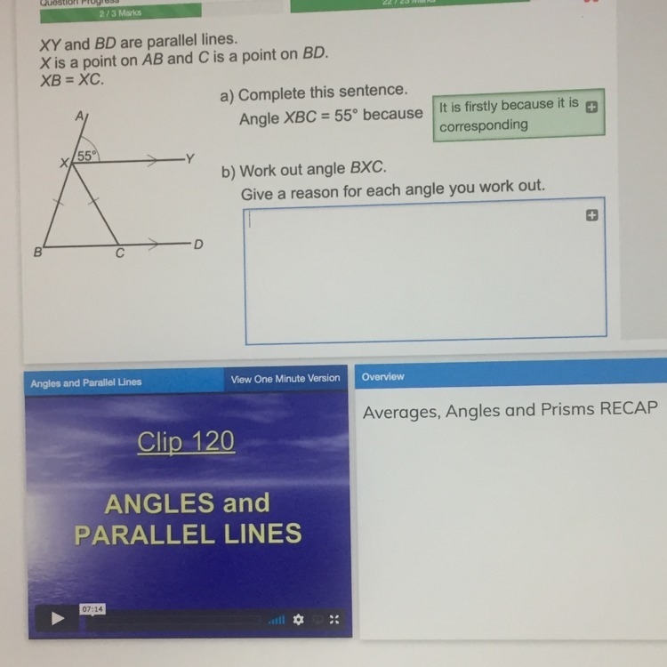 Question B work out angle BXC give reason for each angle you work out.-example-1