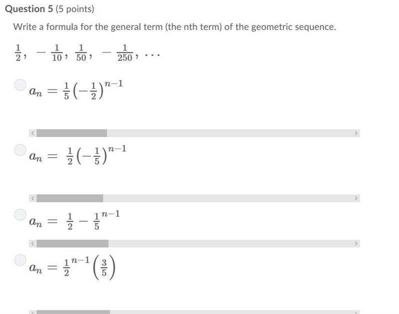 Write a formula for the general term (the nth term) of the geometric sequence. 1/2, -1/10, 1/50, -1/250, . . .-example-1