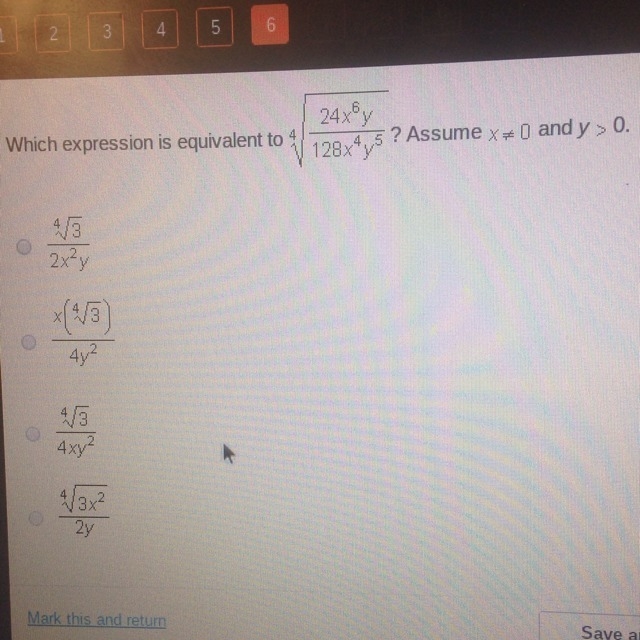 Need help Which expression is equivalent to ^4√(24x^6y / 128x^4y^5)-example-1