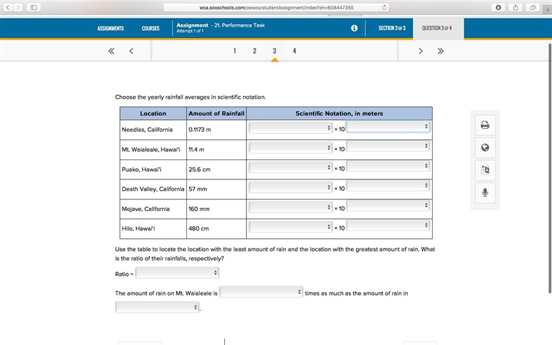 PLS HELP :) Choose the yearly rainfall averages in scientific notation. Location Amount-example-1