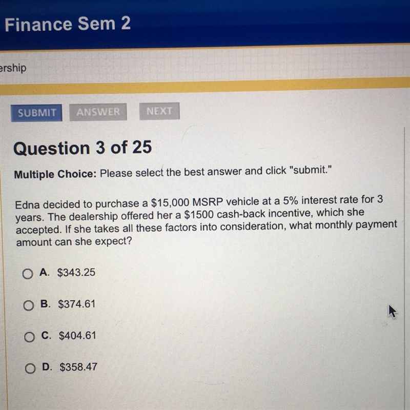 Edna decided to purchase a $15,000 MSRP vehicle at a 5% interest rate for 3 years-example-1