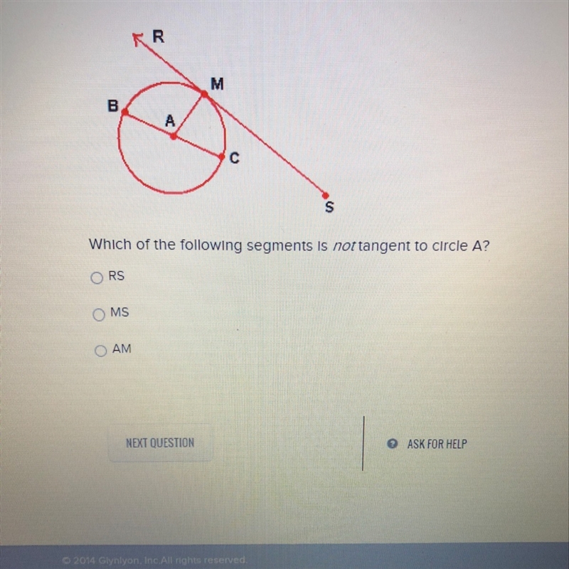 Which segment is not tangent to circle A-example-1