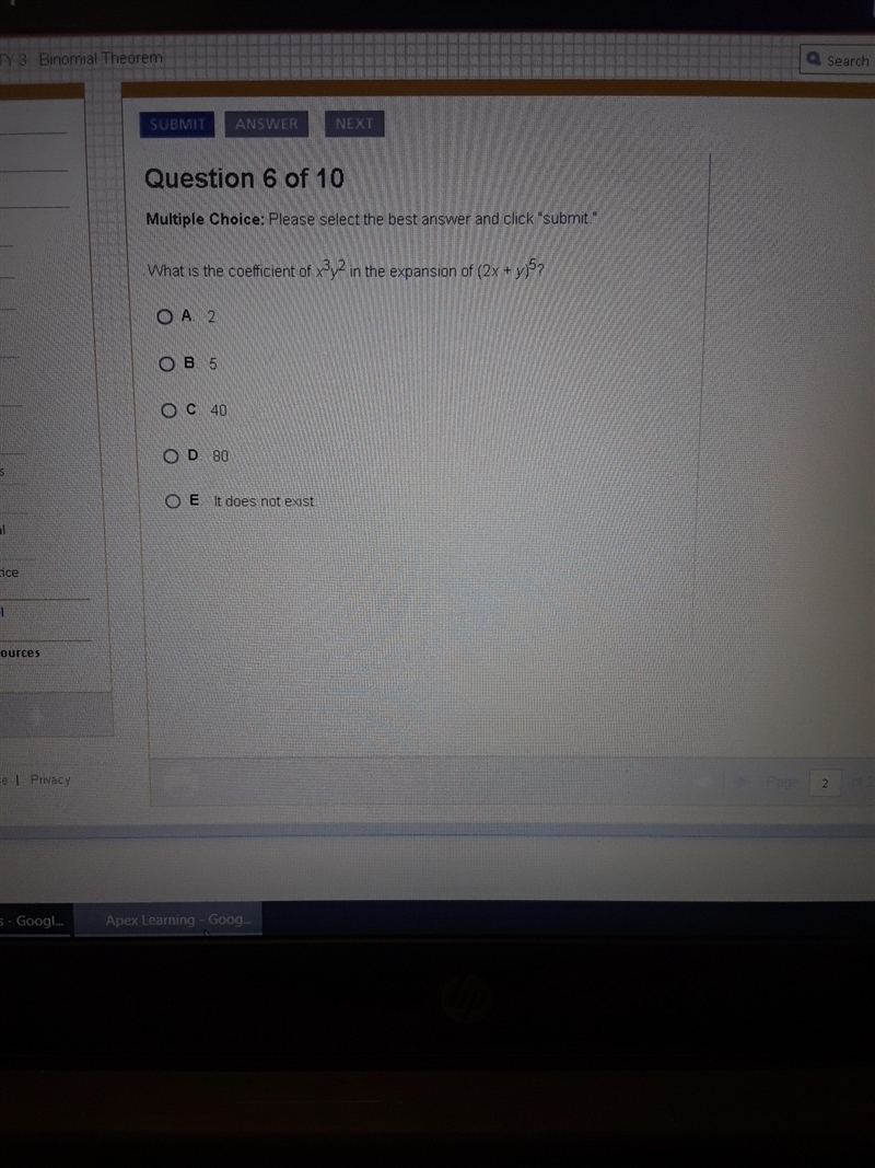 What is the coefficient of x^3y^2 in the expansion of (2x+y)^5-example-1