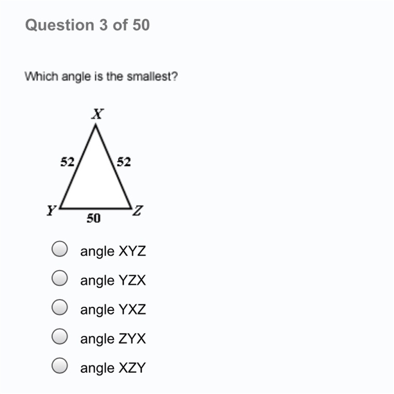 Which angle is the smallest? A. angle XYZ B. angle YZX C. angle YWZ D. angle ZYX E-example-1