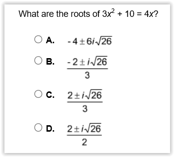 What are the roots of 3x2 + 10 = 4x? Based on the attached image, is the answer either-example-1