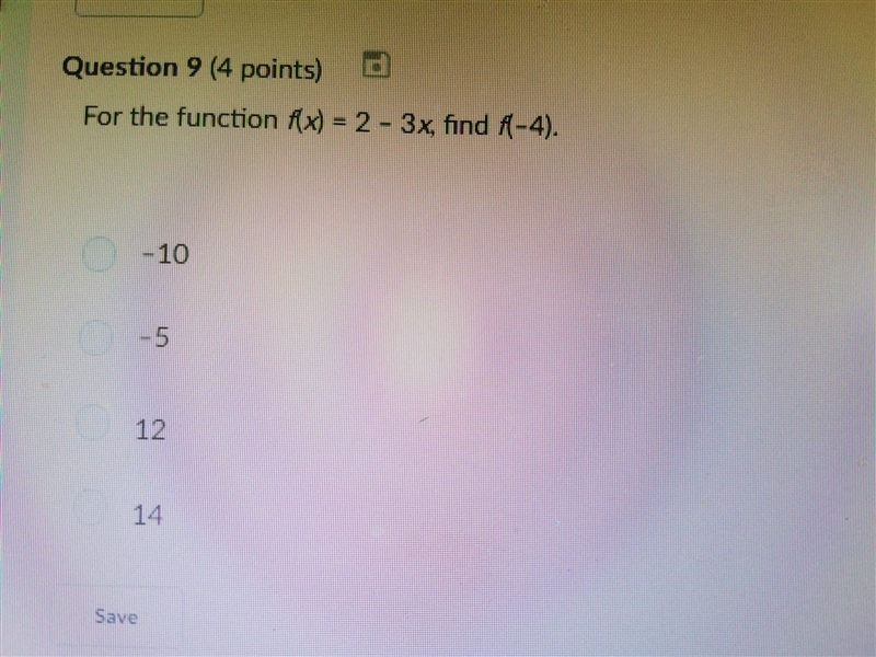 For the function f(x) = 2 - 3x, find f(-4). Options are in the picture.-example-1