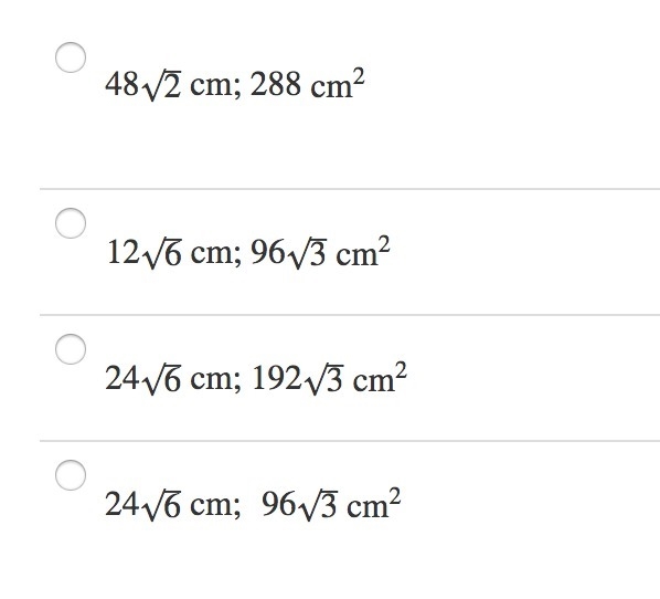 Identify the perimeter and area of an equilateral triangle with height 12√2cm. Give-example-1