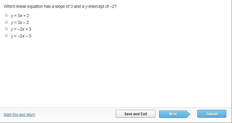 Which linear equation has a slope of 3 and a y-intercept of –2?-example-1