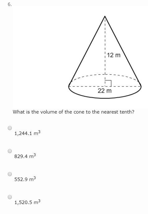 What is the volume of the cone to the nearest tenth? 1,244.1 m^3 829.4 m^3 552.9 m-example-1