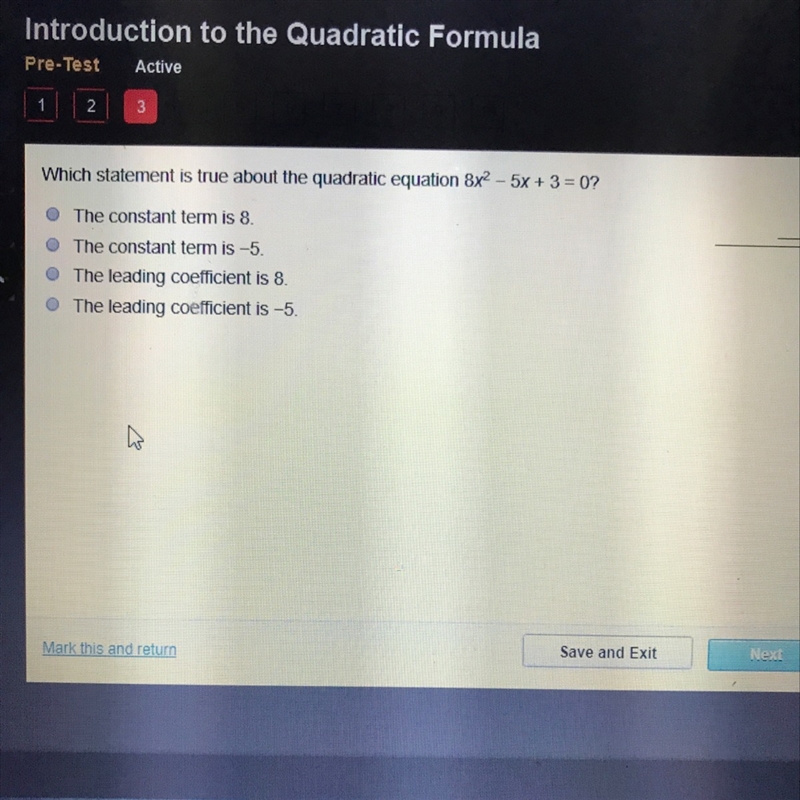 What statement is true about the quadratic equation 8x^2-5x+3=0?-example-1