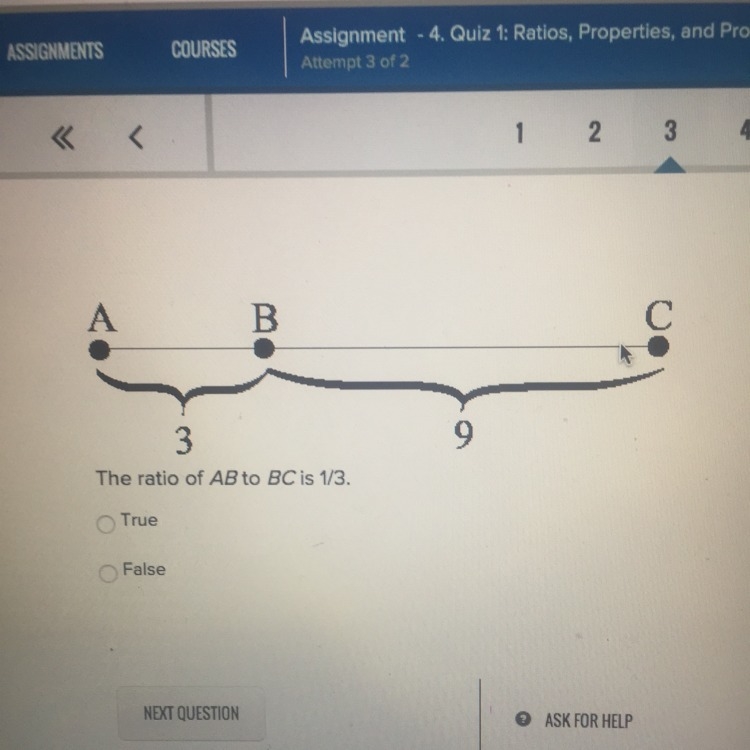 The ratio of AB to BC is 1/3 True or False-example-1