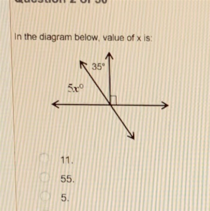 In the diagram below, value of x is: A. 11 B. 55 C. 5 D. 35-example-1