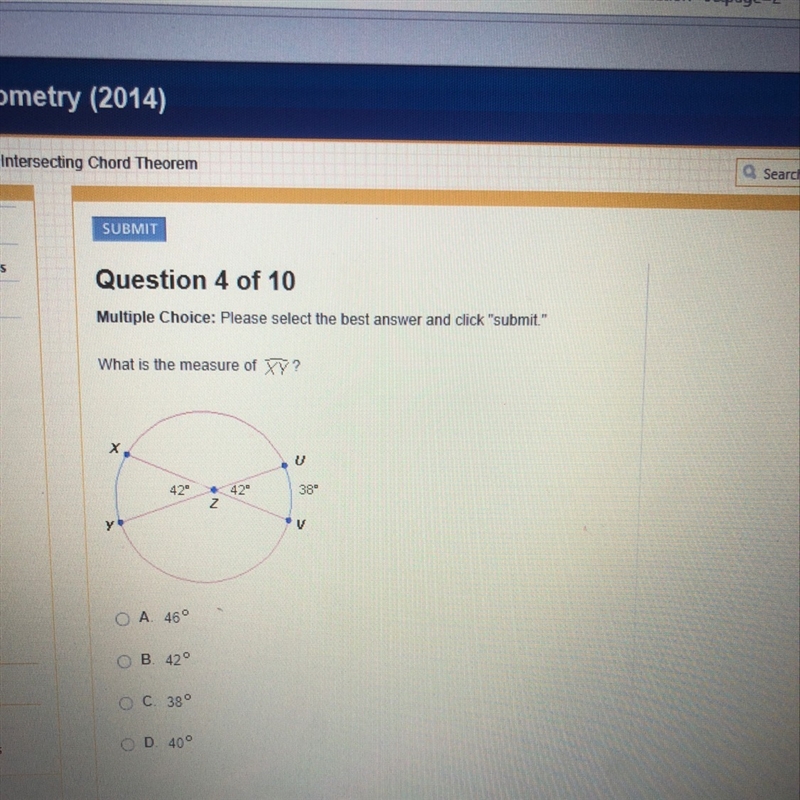 What is the measure of arc xy A. 46 degrees B. 42 degrees C. 38 degrees D. 40 degrees-example-1