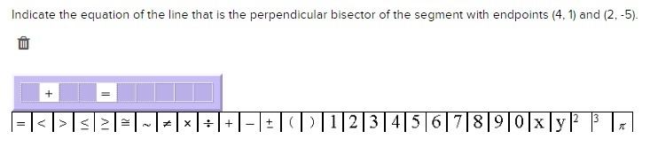 Indicate the equation of the line that is the perpendicular bisector of the segment-example-1