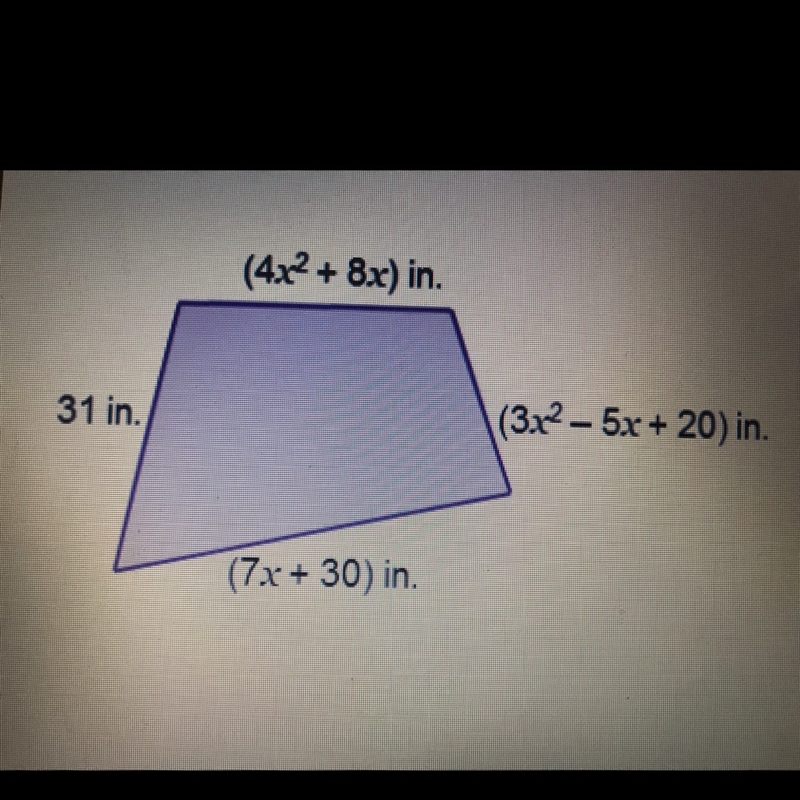 Find the perimeter of the quadrilateral. if x = 2 the perimeter is ___ inched.-example-1