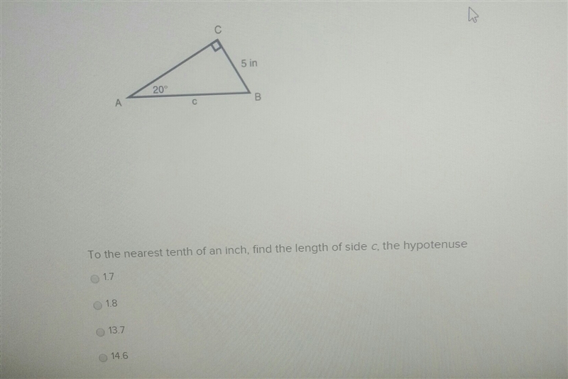 To the nearest tenth of an inch, find the length of side c, the hypotenuse-example-1