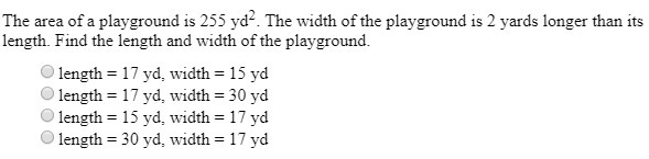 The area of a playground is 255 yd^2. The width of the playground is 2 yards longer-example-1