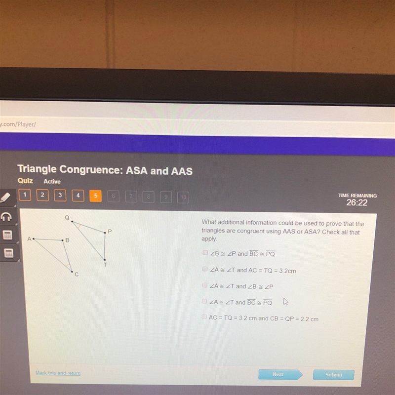 Which additional information could be used to prove that the triangles are congruent-example-1