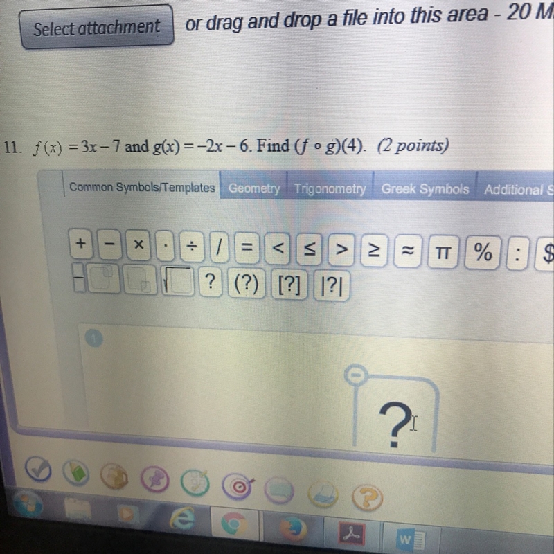 F(x) = 3x-7 and g(x) = -2x-6. Find (f o g)(4)-example-1