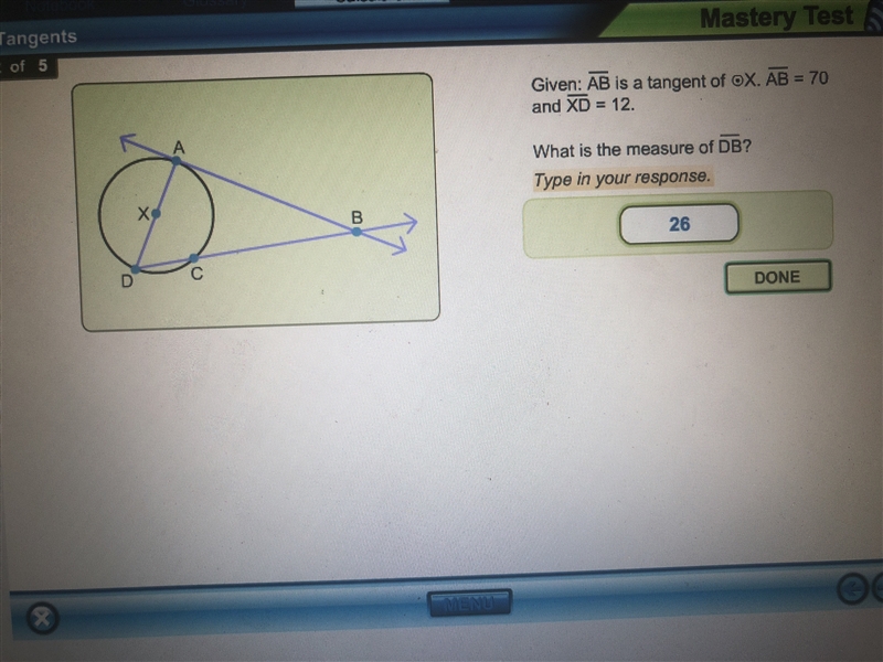 Given: AB is a tangent of X. AB = 70 and XD = 12. What is the measure of DB?-example-1