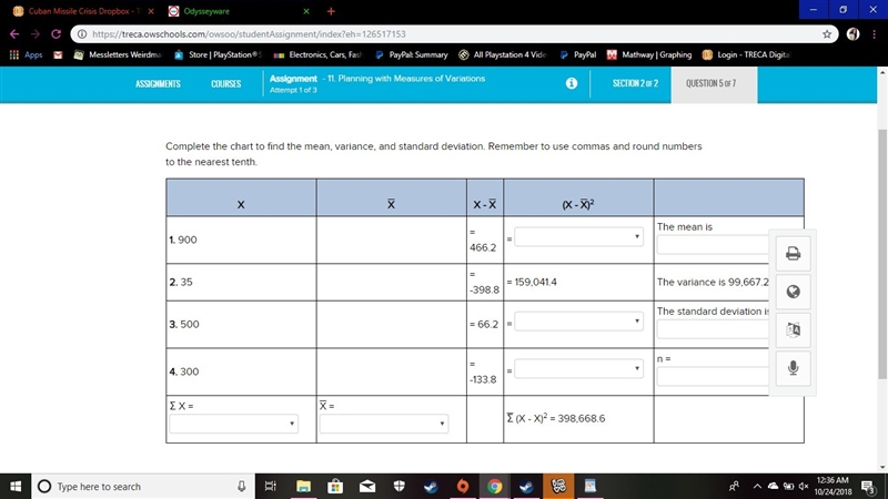 Complete the chart to find the mean, variance, and standard deviation. Remember to-example-1