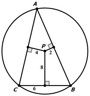 In the diagram below, ΔABC is inscribed in circle P. The distances from the center-example-1