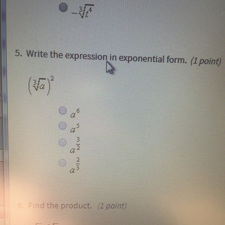 Write the expression in exponential form. (Cube root of a)^2-example-1