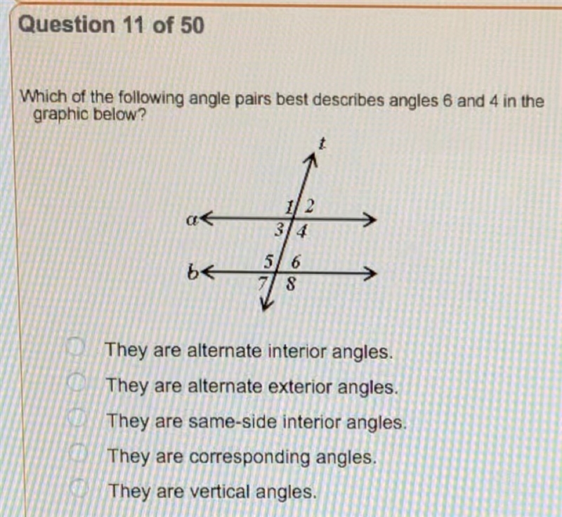 Which of the following angle pairs best describes angles 6 and 4 in the graphic below-example-1