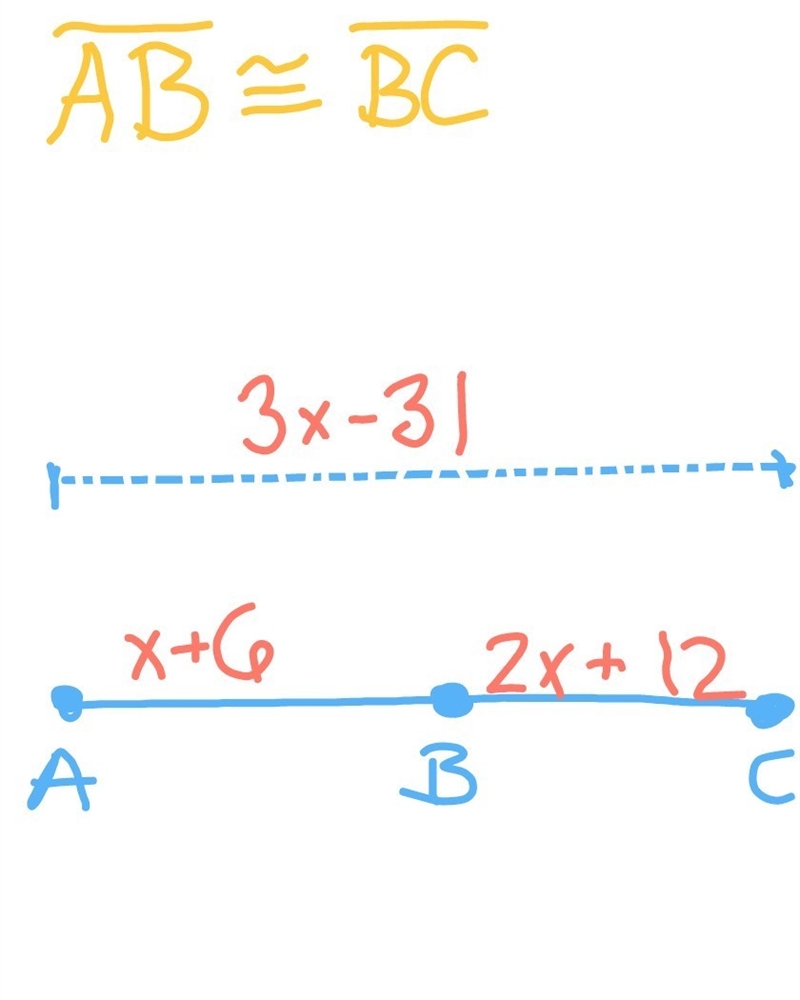 Solve for x, and find the length for each Segment X=________ AB=_______ BC=_______ AC-example-1